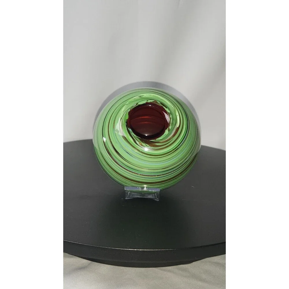 VINTAGE GLASS VASE GREEN, AVENTURINE GOLD SWIRLS With RED LINING By Dept. 56